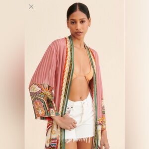 EUC ANTHRO BL^NK Evy Duster Bohemian Pink & Multicolor Kimono Lurex Gold Thread